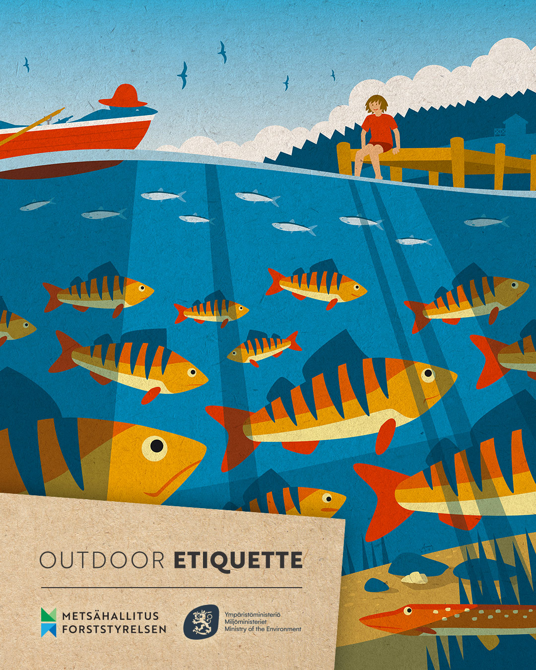A person sitting on a pier looking at fish and the text at the bottom: Outdoor etiquette