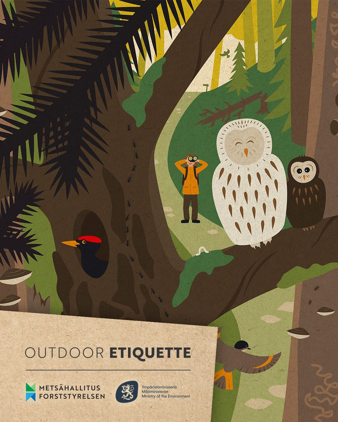 A person looking at an owl through binoculars and the text at the bottom: Outdoor etiquette