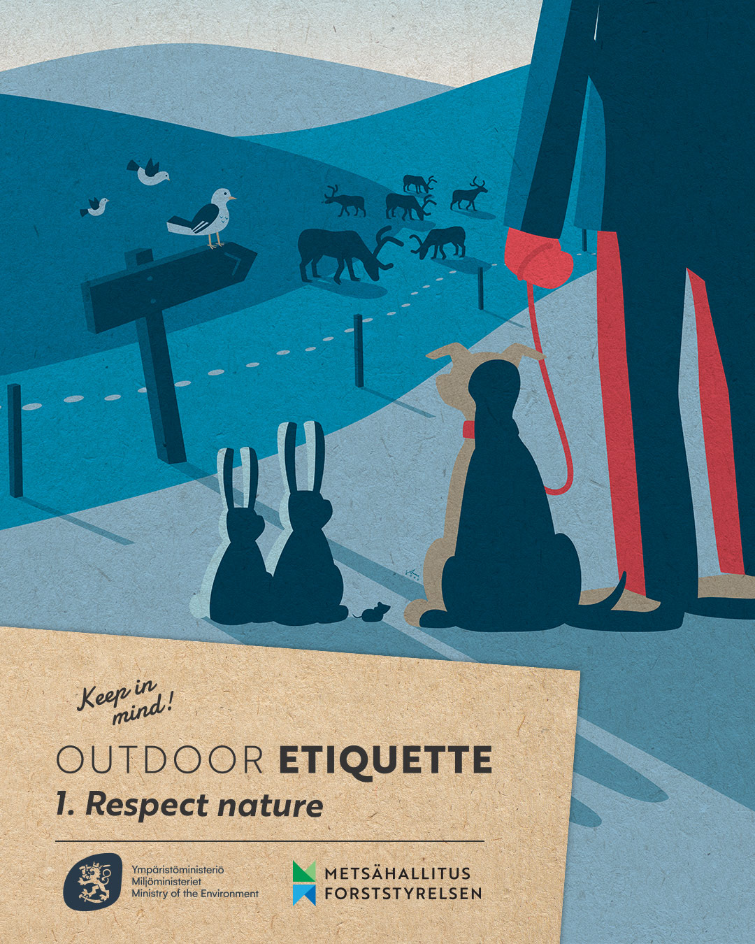 A person with a dog in nature and the text at the bottom: Outdoor etiquette: 1. Respect nature