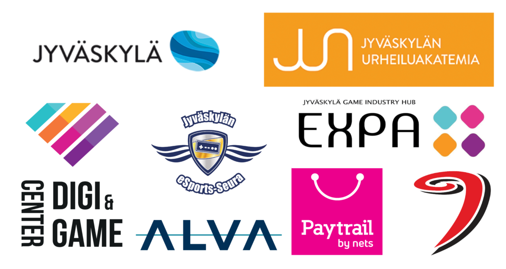 Useita logoja: Jyväskylän kaupunki, Jyväskylän urheiluakatemia, Digi & game Center, ALVA, Jyväskylän esportsseura, Peliosuuskunta Expa, Paytrail, JYP